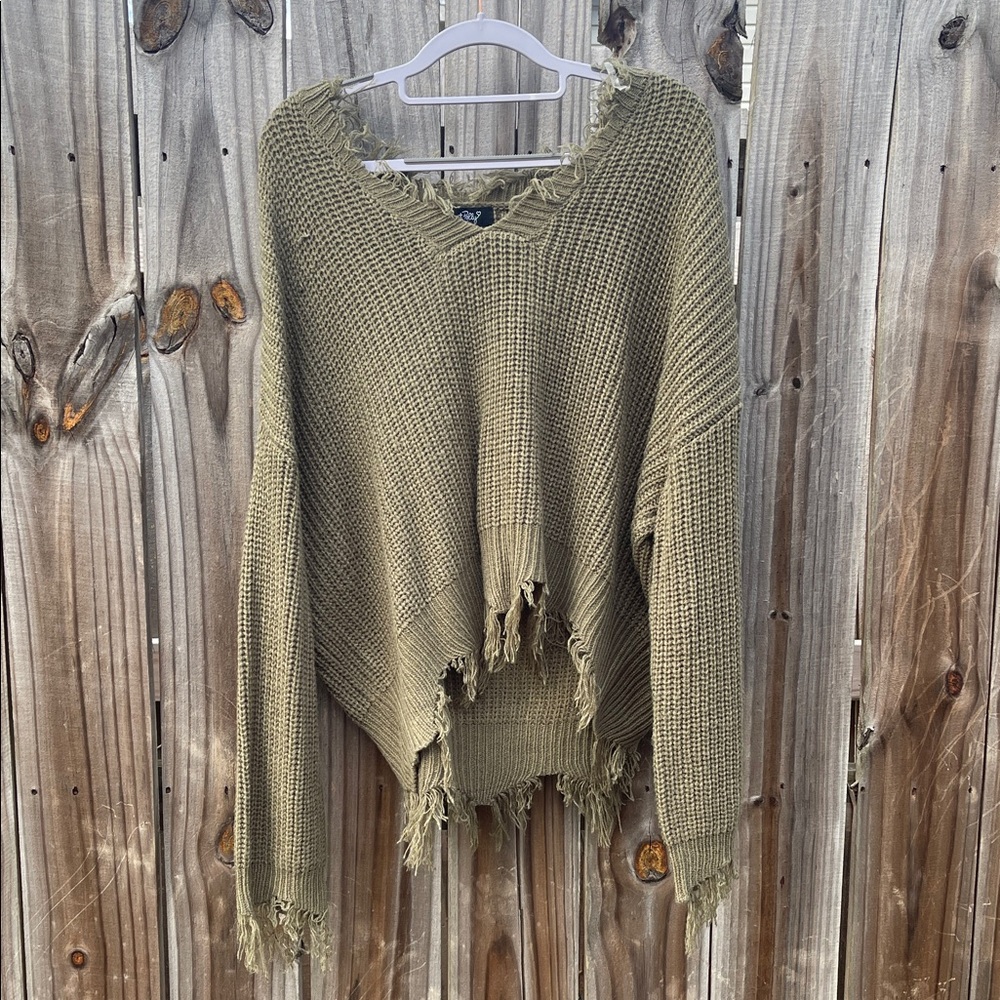 Olive Green V-Neck Distressed Sweater